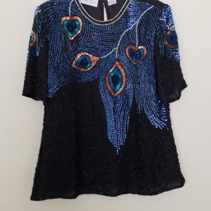 STUNNING Vintage Peacock Sequin Silk Blouse